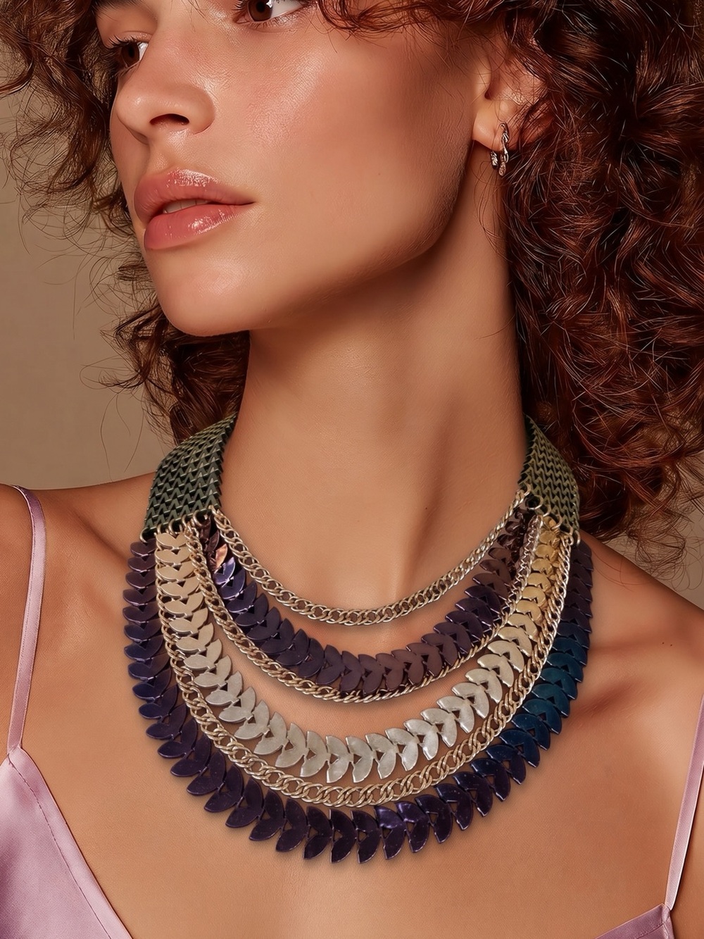 Cara New York Multi-Strand Scale & Leaf Necklace - Metal Tones - 22” Statement!